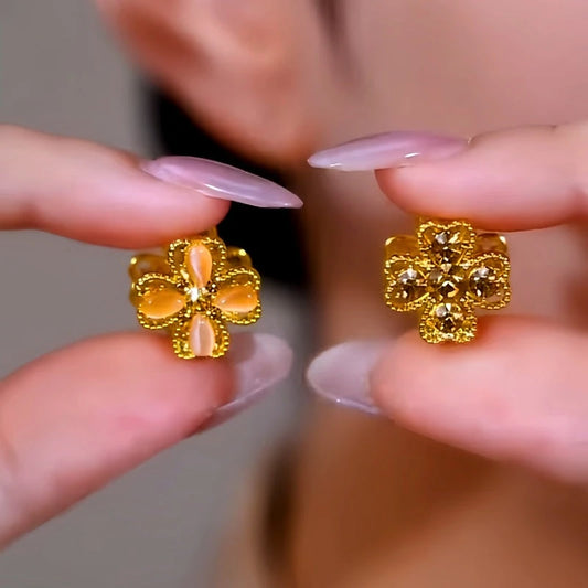 14K Gold-Plated Double-Sided Cat's Eye Flower Earrings - elegant Double-Sided Flower Earrings