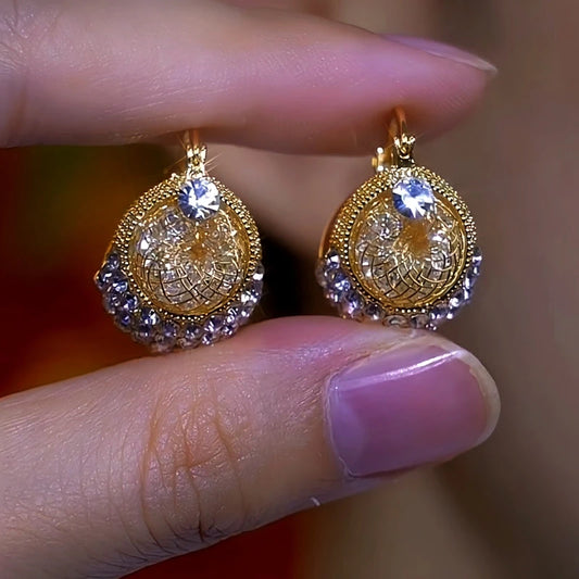 14K Gold-Plated Double-Sided Mesh Zircon Diamond Earrings - elegant Mesh Earrings