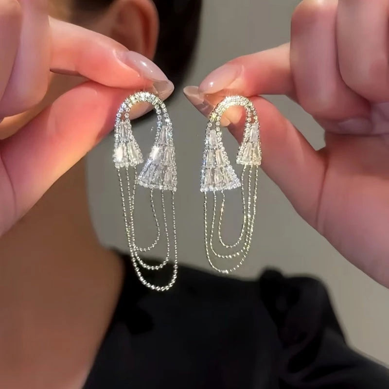 14K Gold-Plated Elegan Zircon Oval Chain Tassel Earrings - elegant Chain Tassel Earrings