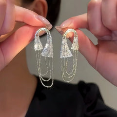 14K Gold-Plated Elegan Zircon Oval Chain Tassel Earrings - elegant Chain Tassel Earrings