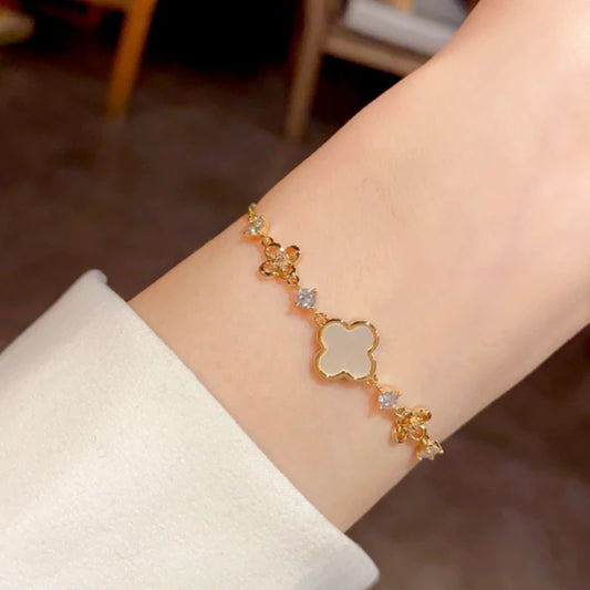 14K Gold-Plated Elegant Adjustable Zircon Four-Leaf Bracelet - chic Adjustable Four-Leaf Bracelet