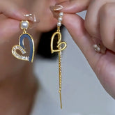 14K Gold-Plated Elegant Asymmetrical Zircon Diamond Heart Pearl Tassel Earrings - elegant Asymmetrical Pearl Earrings