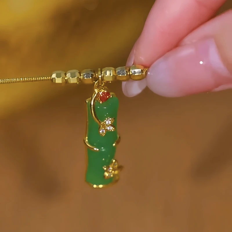 14K Gold-Plated Elegant Bamboo Necklace worn to showcase its length and pendant detail