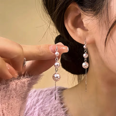 14K Gold-Plated Elegant Beaded Tassel Threader Earrings - elegant Beaded Threader Earrings