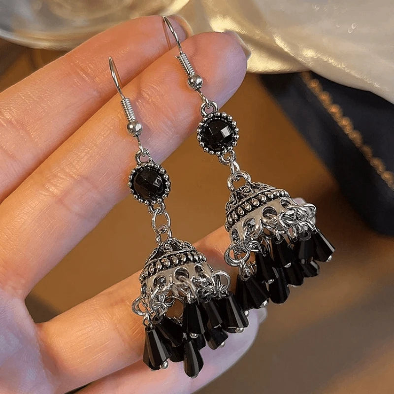 Angled view of the 14K Gold-Plated Elegant Black Crystal Ear Hooks