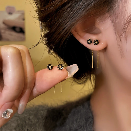 14K Gold-Plated Elegant Black Flower Threader Earrings - elegant Flower Threader Earrings