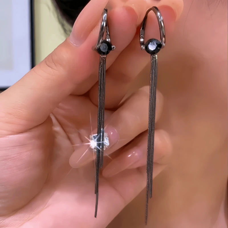 14K Gold-Plated Elegant Black Zircon Diamond Tassel Earrings - elegant Black Tassel Earrings