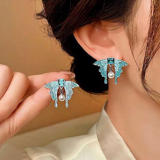 14K Gold-Plated Elegant Blue Butterfly Pearl Earrings - elegant Blue Butterfly Earrings