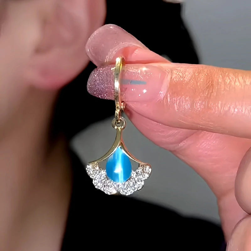 14K Gold-Plated Elegant Blue Cat's Eye Stone Ginkgo Leaf Earrings - elegant Ginkgo Leaf Earrings