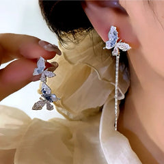 Close-up detail of the sparkling zircons and plating on the Blue Crystal Butterfly Earrings