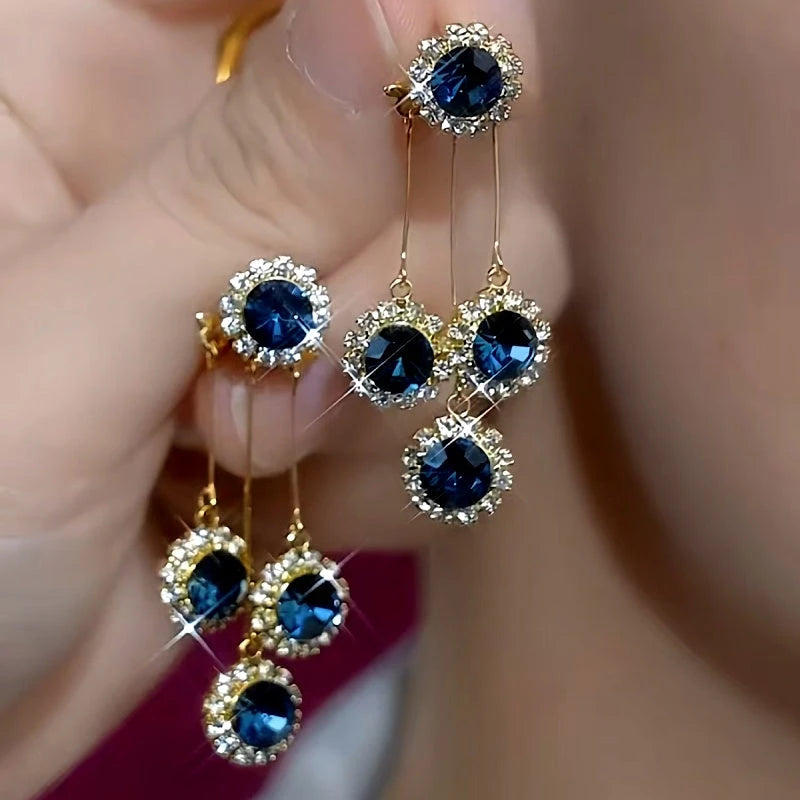 14K Gold-Plated Elegant Blue Zircon Diamond Tassel Earrings - elegant Blue Tassel Earrings