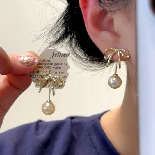 14K Gold-Plated Elegant Bow Pearl Jacket Earrings - elegant Bow Pearl Earrings
