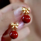 14K Gold-Plated Elegant Bow Red Bead Earrings - elegant Bow Red Bead Earrings
