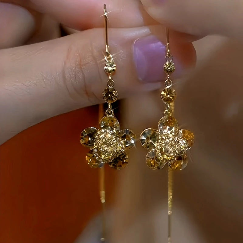 14K Gold-Plated Elegant Brown Diamond Flower Threader Earrings - elegant Flower Threader Earrings