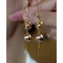 14K Gold-Plated Elegant Brown Zircon Diamond Pearl Threader Earrings - elegant Pearl Threader Earrings