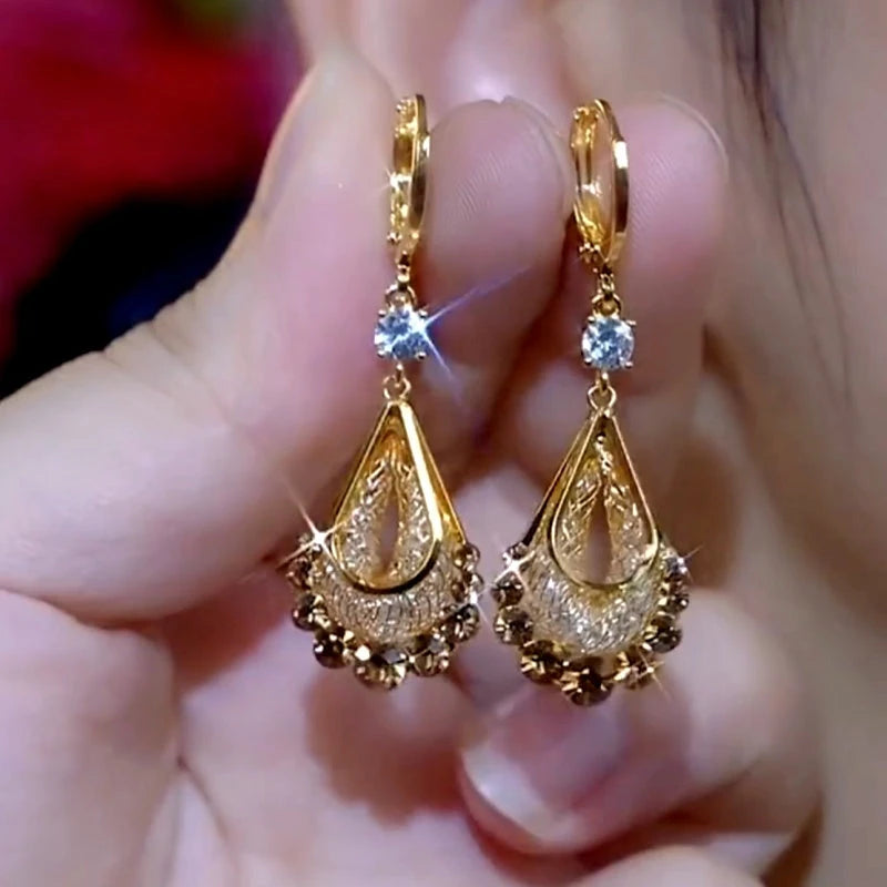 14K Gold-Plated Elegant Brown Zircon Mesh Drop Earrings - elegant Mesh Drop Earrings