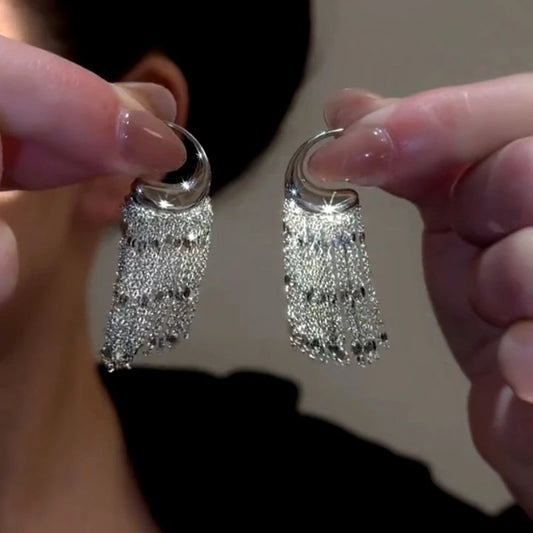 14K Gold-Plated Elegant C-Shaped Tassel Earrings - elegant Chain Tassel Threaders