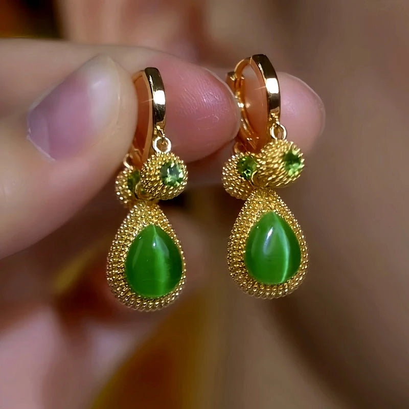 14K Gold-Plated Elegant Cat's Eye Green Durian Earrings - elegant Green Statement Earrings