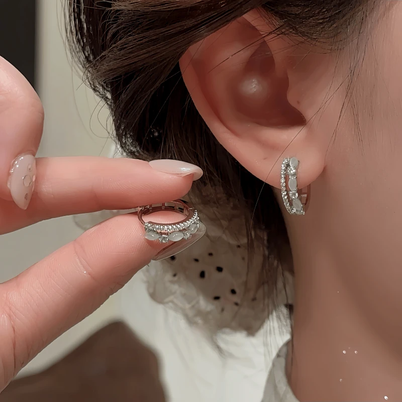 14K Gold-Plated Elegant Cat's Eye Stone Double-Layer Hoop Earrings - elegant Double Layer Hoops