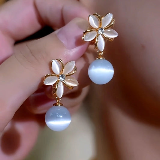 14K Gold-Plated Elegant Cat's Eye Stone Flower Bead Earrings - elegant Flower Bead Earrings