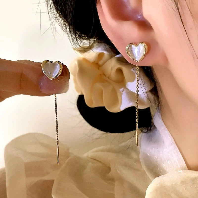14K Gold-Plated Elegant Cat's Eye Stone Heart Threader Earrings - elegant Heart Threader Earrings