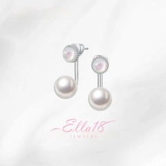 Model showcasing the dangle and style of the 14K Gold-Plated Elegant Cat's Eye Stone Mother Of Pearl Jacket Earrings