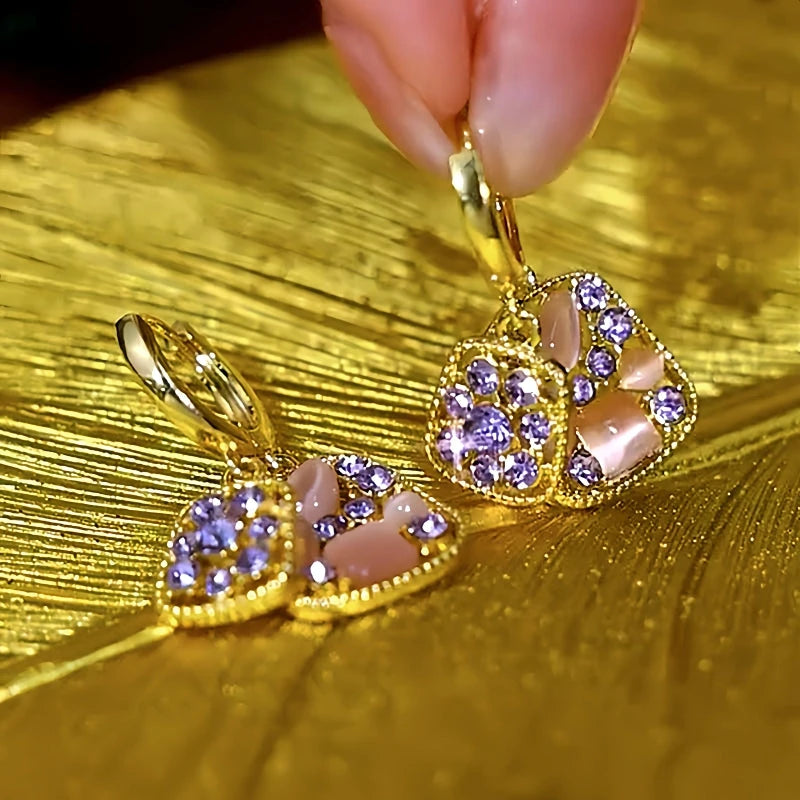 Close-up detail of the sparkling zircons and plating on the Purple Diamond Earrings