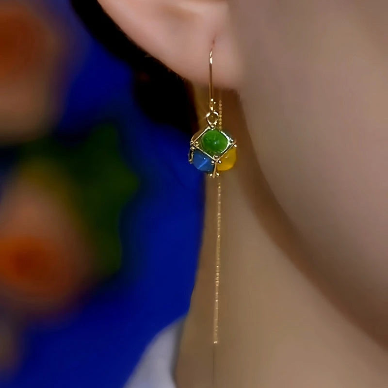 14K Gold-Plated Elegant Colorful Cat's Eye Stone Ball Threader Earrings - elegant Colorful Threader Earrings