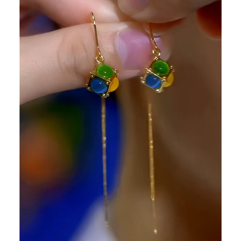 Close-up detail of the sparkling zircons and plating on the Colorful Threader Earrings
