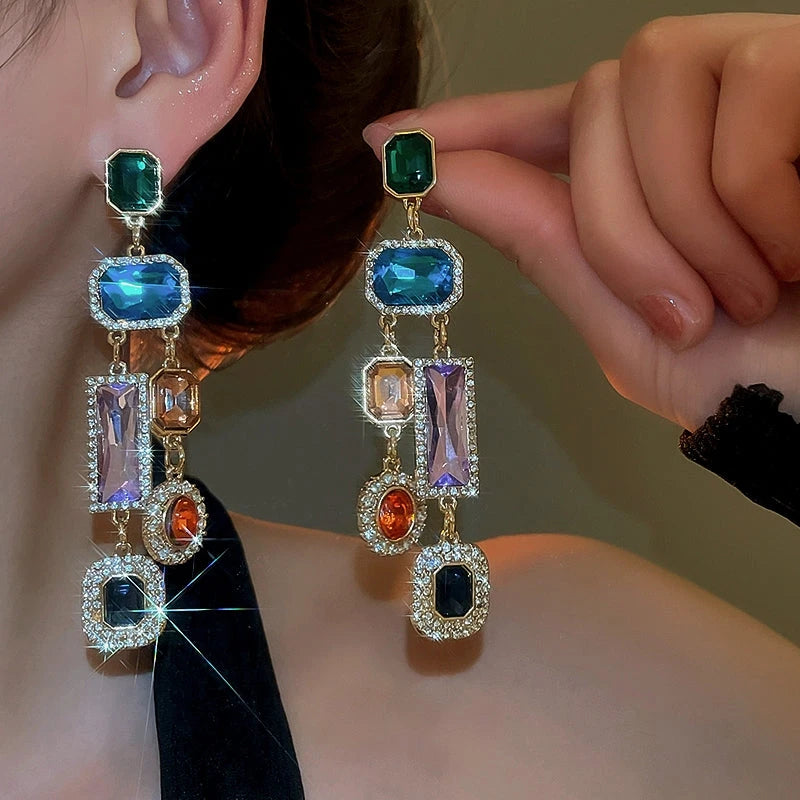 14K Gold-Plated Elegant Colorful Diamond Tassel Earrings - elegant Colorful Tassel Earrings