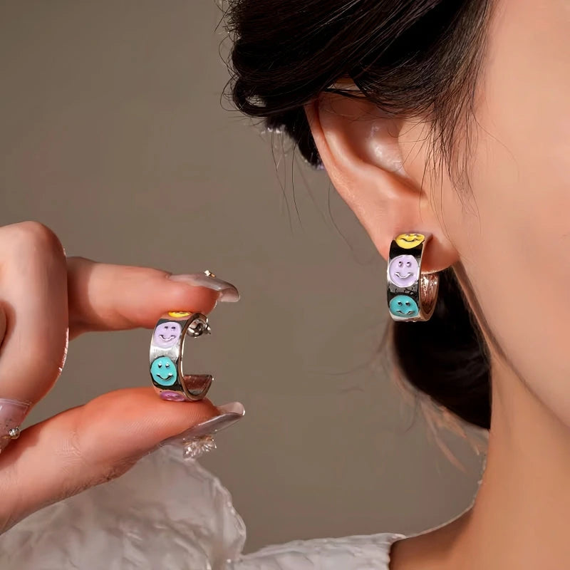 14K Gold-Plated Elegant Colorful Smile Face C-Shaped Earrings - elegant Smile Face Earrings