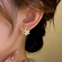 14K Gold-Plated Elegant Cross Bead Flower Earrings - elegant Flower Stud Earrings