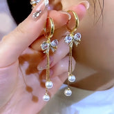 14K Gold-Plated Elegant Crystal Bow Tassel Long Earrings - elegant Bow Tassel Earrings