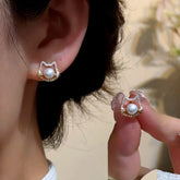 14K Gold-Plated Elegant Cute Cat's Pearl Stud Earrings - elegant Cat Pearl Studs