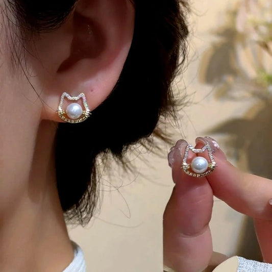 14K Gold-Plated Elegant Cute Cat's Pearl Stud Earrings - elegant Cat Pearl Studs