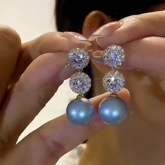 14K Gold-Plated Elegant Diamond Blue Pearl Earrings - elegant Blue Pearl Earrings