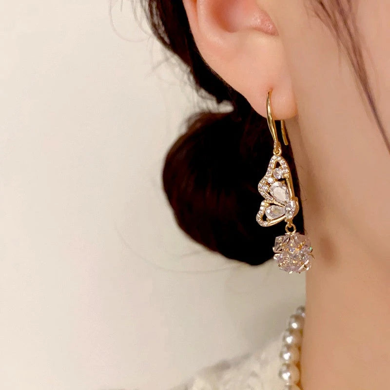 14K Gold-Plated Elegant Diamond Butterfly Ball Ear Hooks - elegant Butterfly Ear Hooks