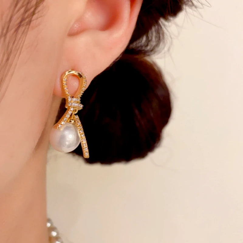 14K Gold-Plated Elegant Diamond Knotted Pearl Earrings - elegant Knotted Pearl Earrings