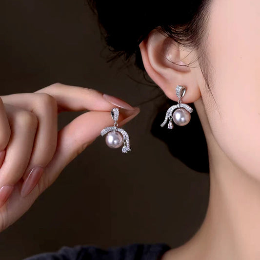 14K Gold-Plated Elegant Diamond Ribbon Pearl Earrings - elegant Ribbon Pearl Earrings