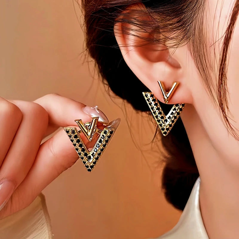 14K Gold-Plated Elegant Diamond V Letter Earrings - elegant V Letter Ear Jackets