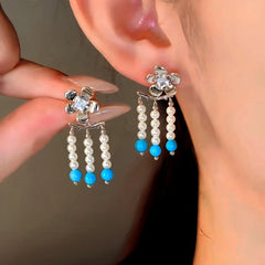 14K Gold-Plated Elegant Dimond Flower Pearl Tassel Earrings - beautiful Pearl Tassel Necklace