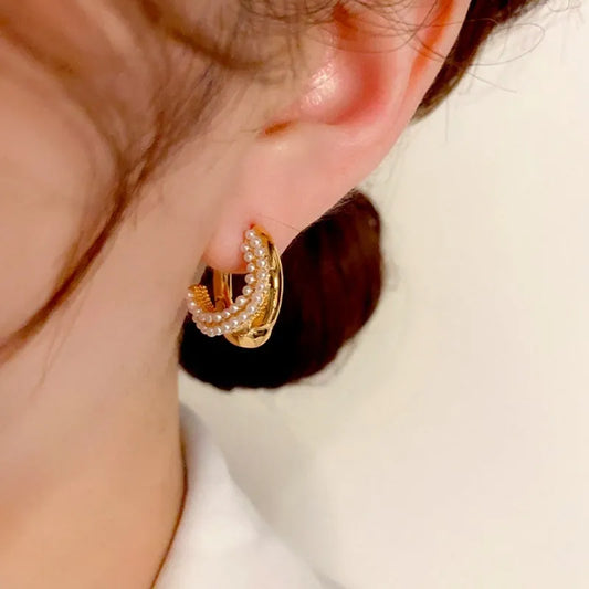 14K Gold-Plated Elegant Double-Layer Pearl Hoop Earrings - elegant Pearl Hoop Earrings