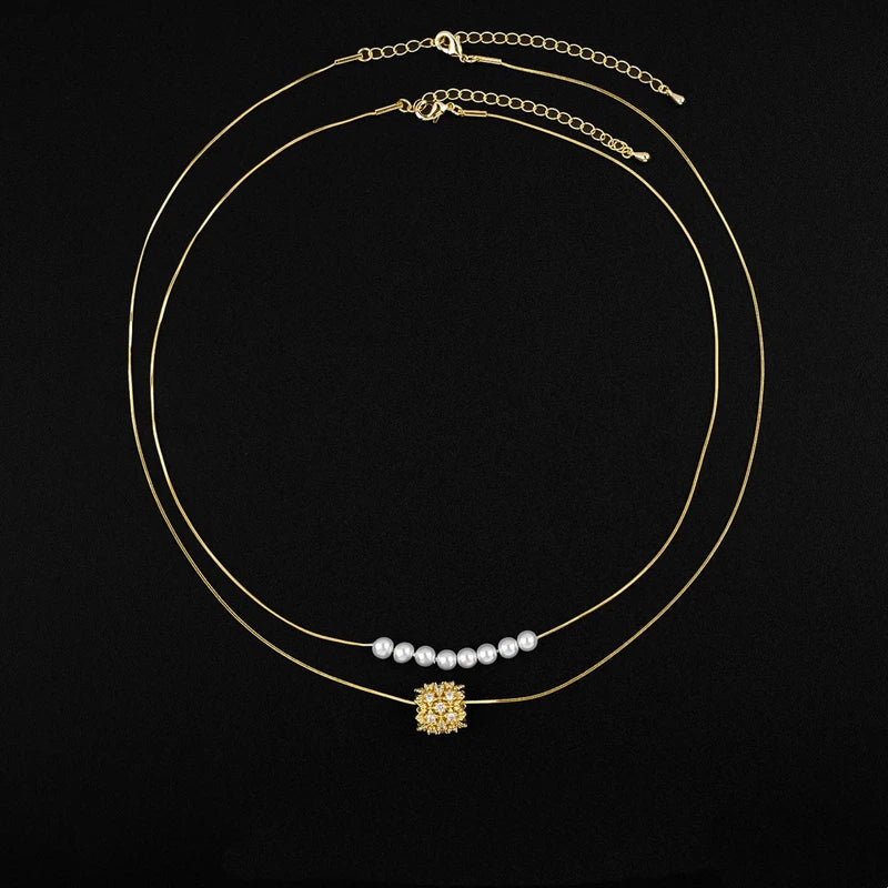 14K Gold-Plated Elegant Double-Layer Pearl Zircon RIng Necklace worn to showcase its length and pendant detail