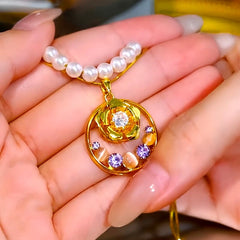 Detailed view of the 14K Gold-Plated Elegant Double-Layer Purple Diamond Rose Pearl Necklace chain and pendant