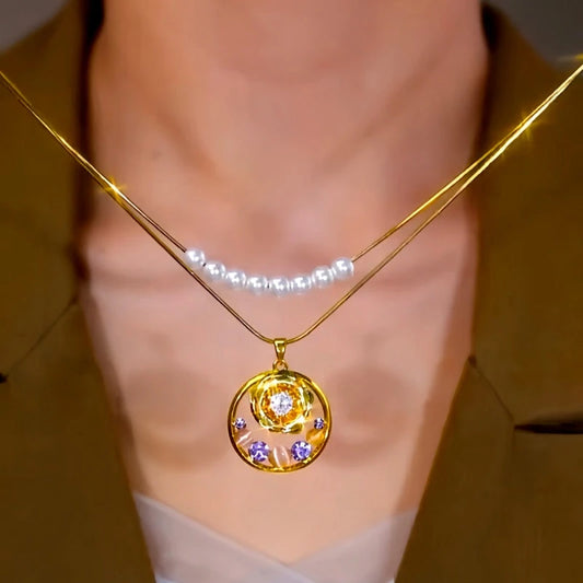 14K Gold-Plated Elegant Double-Layer Purple Diamond Rose Pearl Necklace - beautiful Double Layer Necklace