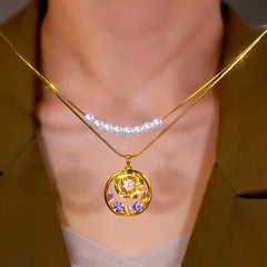 14K Gold-Plated Elegant Double-Layer Purple Diamond Rose Pearl Necklace - beautiful Double Layer Necklace