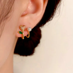 14K Gold-Plated Elegant Double-Layer Zircon Rose Pearl Stud Earrings - elegant Rose Pearl Studs