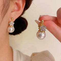 14K Gold-Plated Elegant Double-Sided Flower Pearl Earrings - elegant Double Sided Earrings