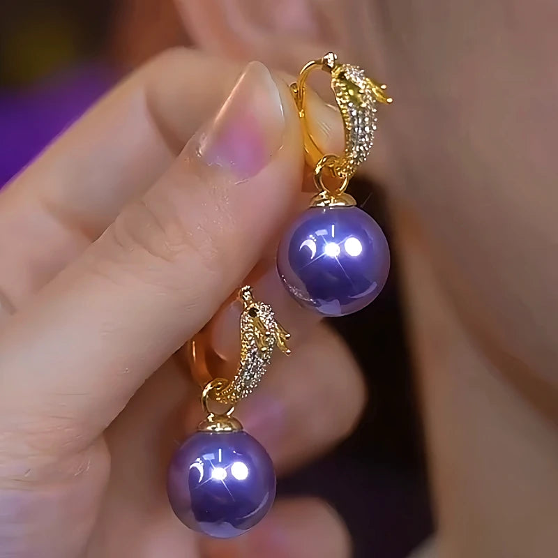 14K Gold-Plated Elegant Dragon-Shaped Diamond-Studded Pearl Earrings - elegant Dragon Pearl Earrings