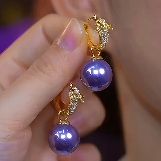 14K Gold-Plated Elegant Dragon-Shaped Diamond-Studded Pearl Earrings - elegant Dragon Pearl Earrings